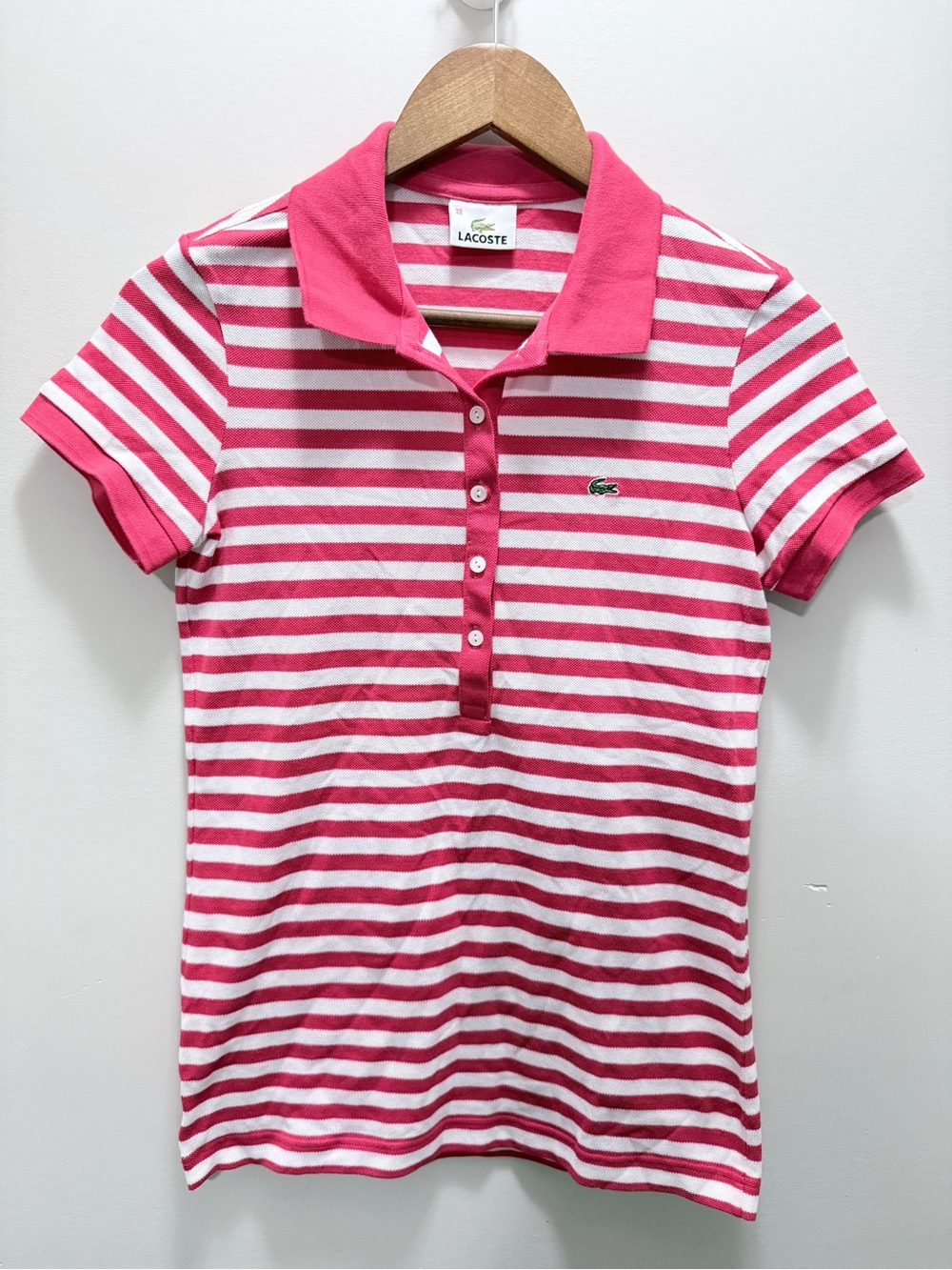 Lacoste Pink and White Striped Polo Top Size 38 or 26x17